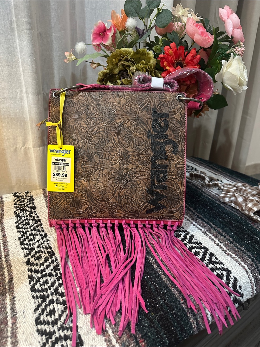 Wrangler Brown Tooled Leather Shoulder Bag with Pink Fringe Trim